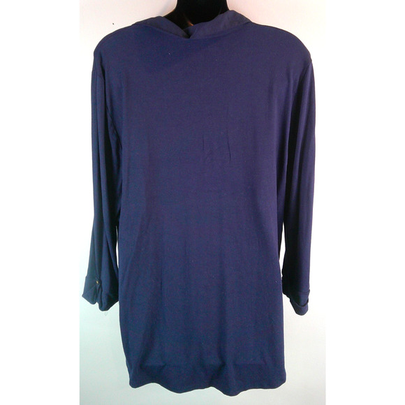 Chico's Women's 2 roll up button sleeve collared Navy Blouse with Gold Buttons - Picture 2 of 5